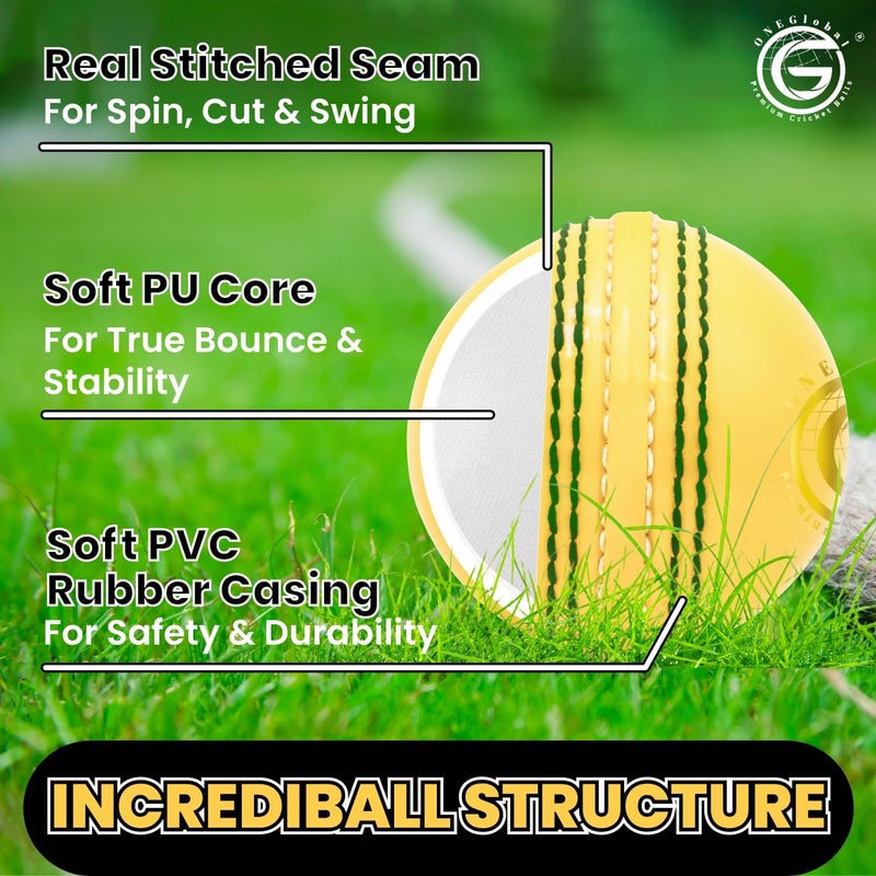 ONEGlobal Soft Rubber Cricket Ball for Practice | Outdoor & Indoor Practice Cricket Ball with Core & Stitched Seam | Realistic Feel, True Bounce & Swing for Practice, Honing Skills & Family Fun - Image 4
